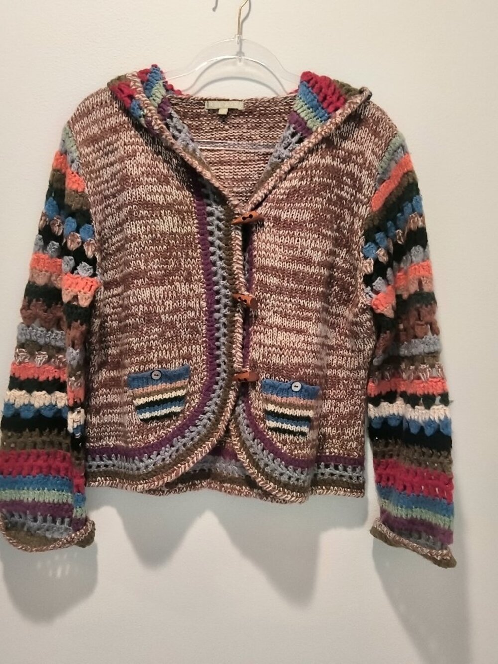 Relais multi-colored boho knit/crochet hooded cardigan Size L